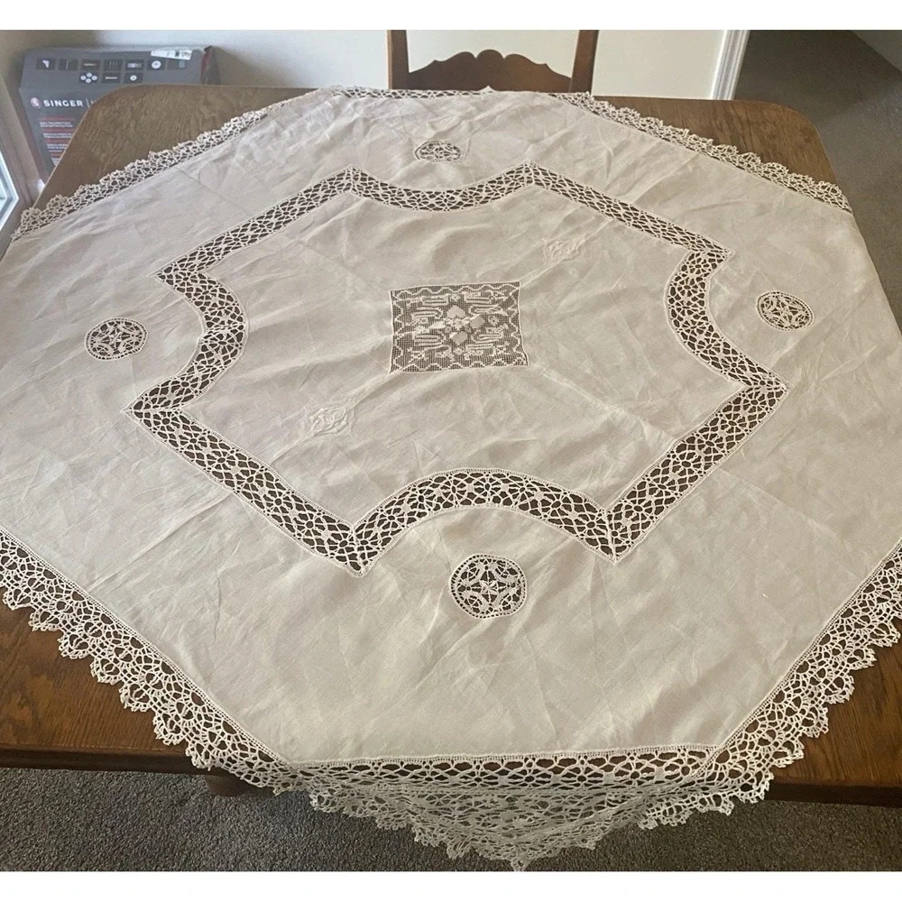 Vintage Linen Crocheted Tablecloth Embroidered White Square 46x46